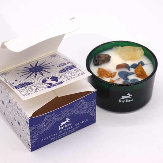 Crystal candle with dried flowers and genuine gemstones lemon scent