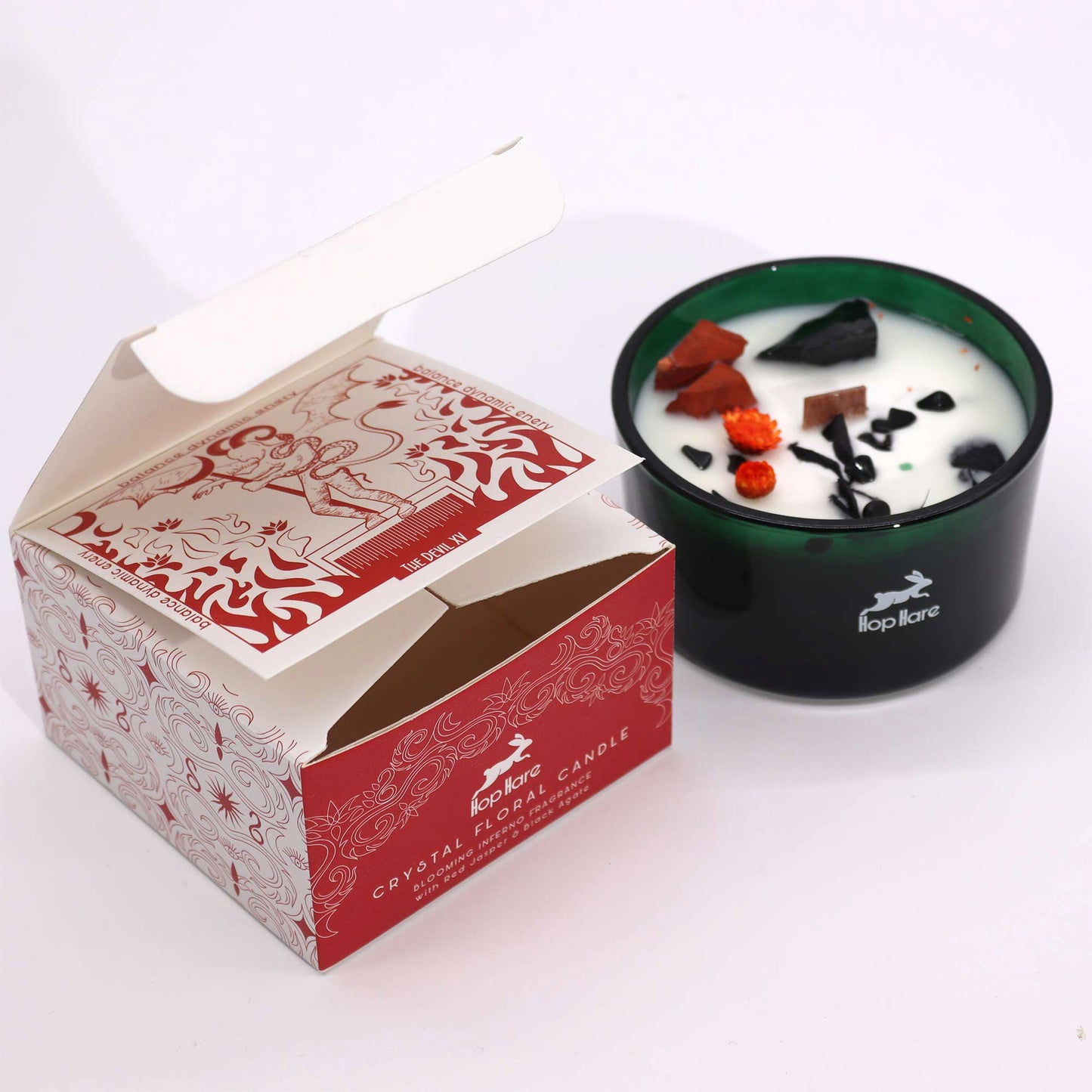 Crystal flower candle with tarot card and natural botanicals - The Devil