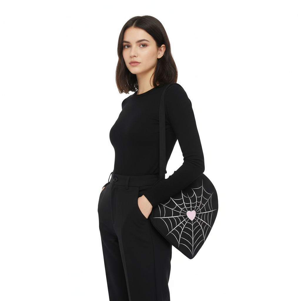 Heart-shaped black bag with spider web design and pink heart on a white background