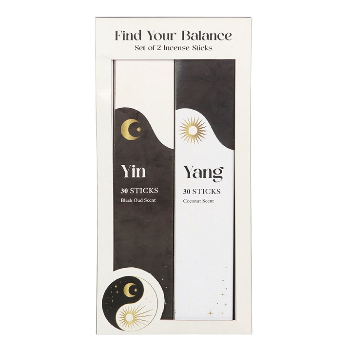 Packaging of incense sticks labeled 'Yin' and 'Yang' with black and white design.