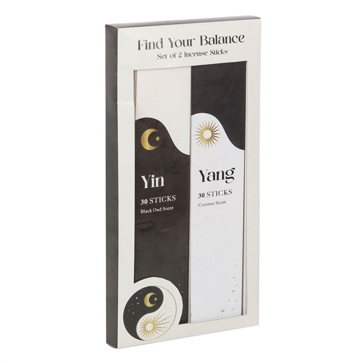 Box of 'Find Your Balance' incense sticks with Yin and Yang symbols.