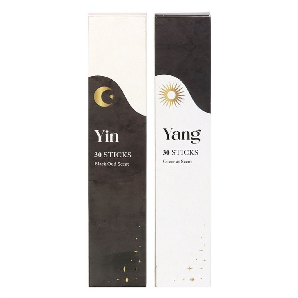 Two incense stick boxes labeled 'Yin' and 'Yang' on a white background.