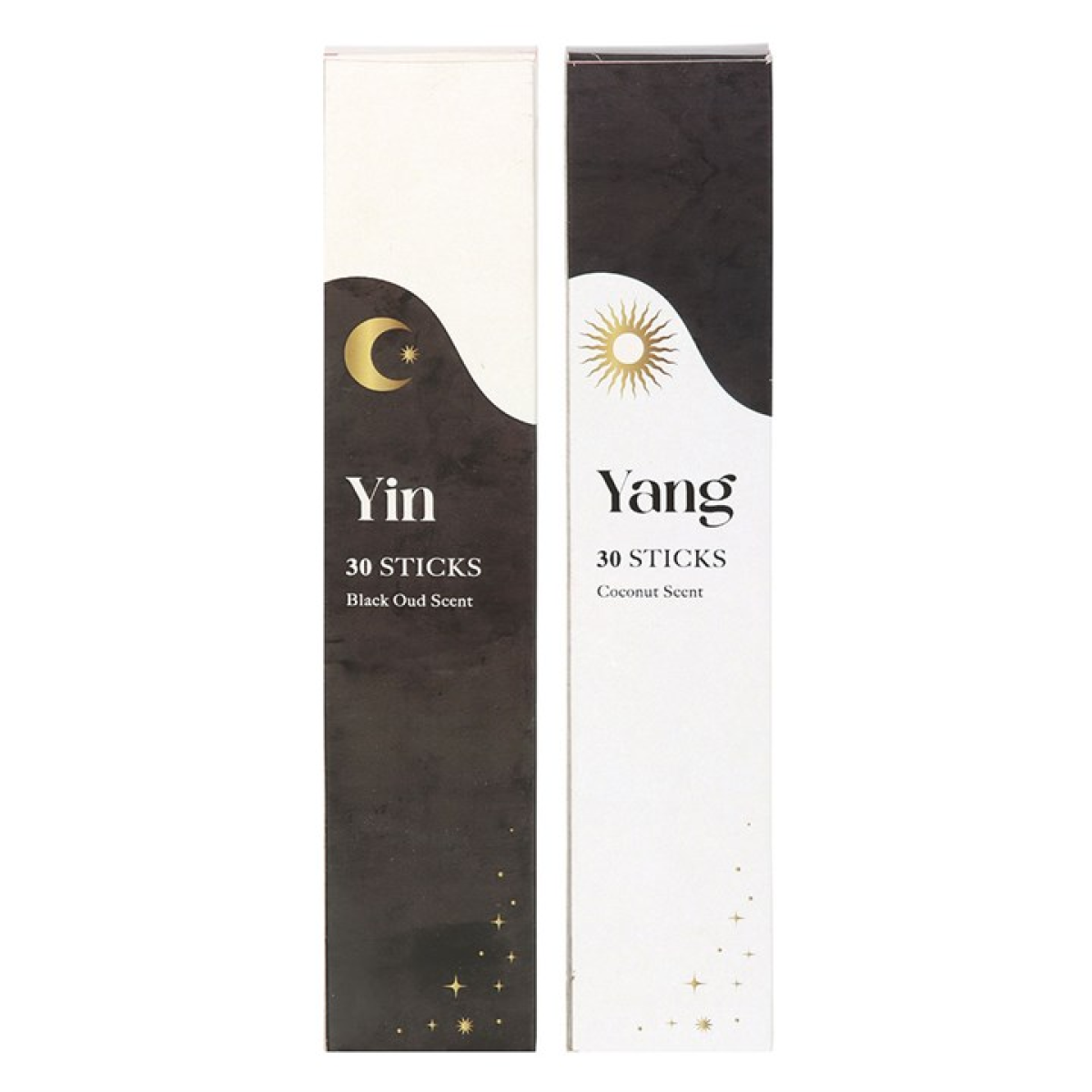 Two incense stick boxes labeled 'Yin' and 'Yang' on a white background.