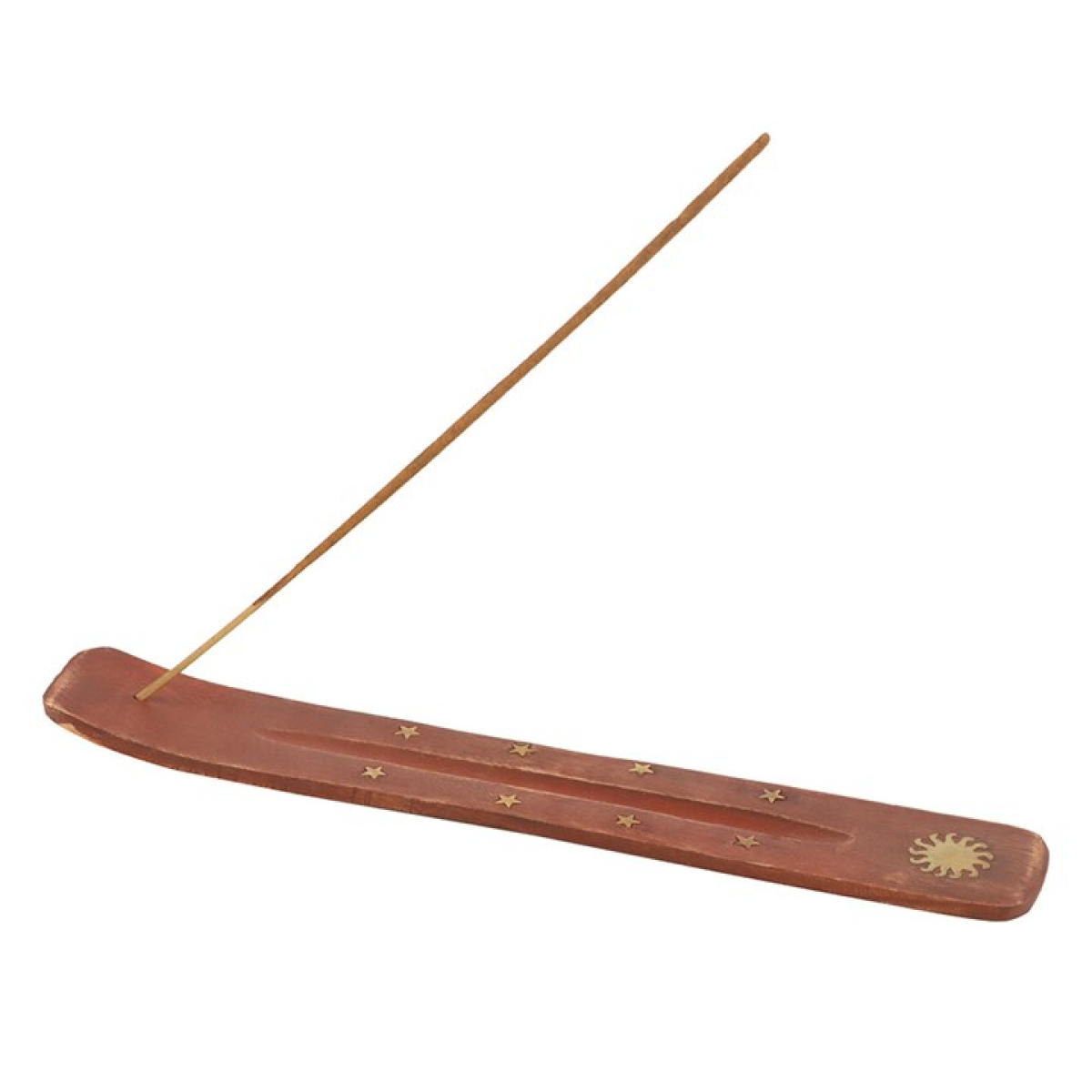 Wooden incense holder with a single incense stick on a white background