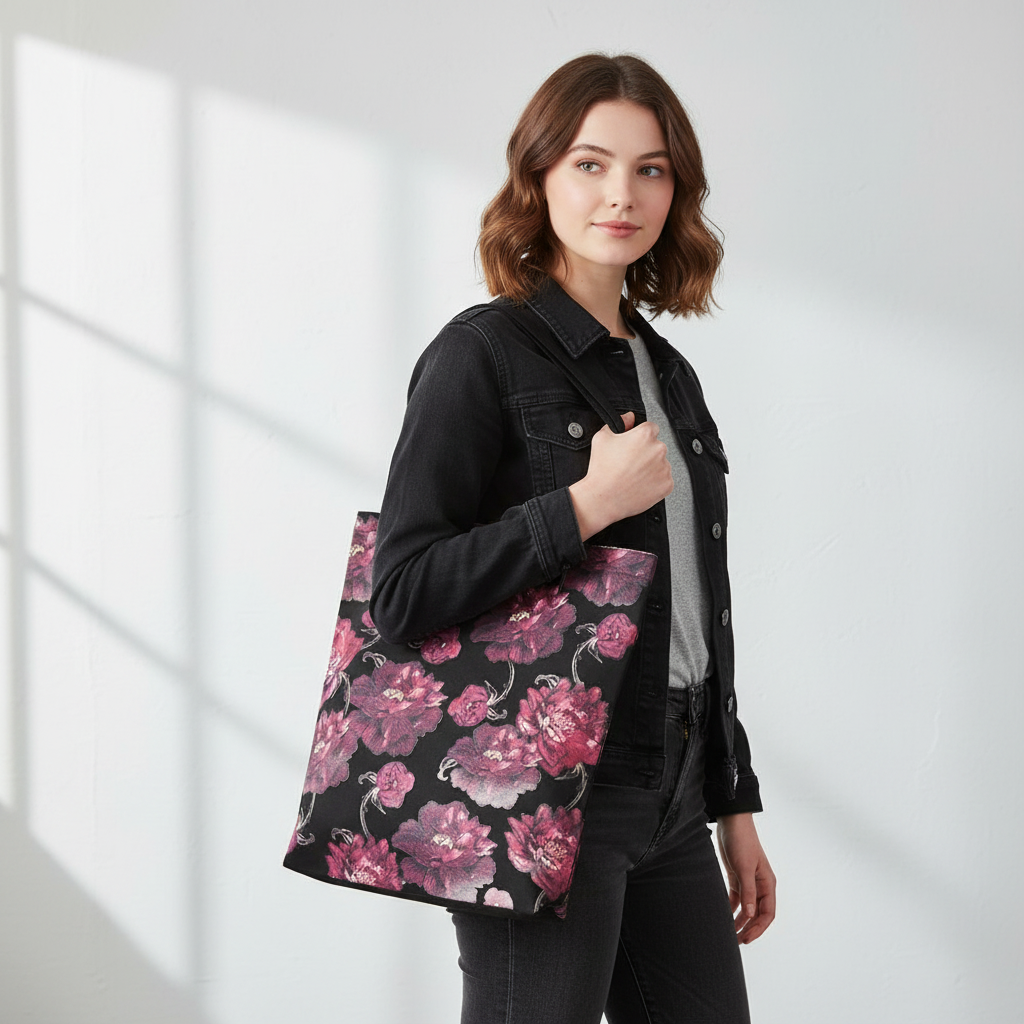 young woman in dark clothing with floral tote bag
