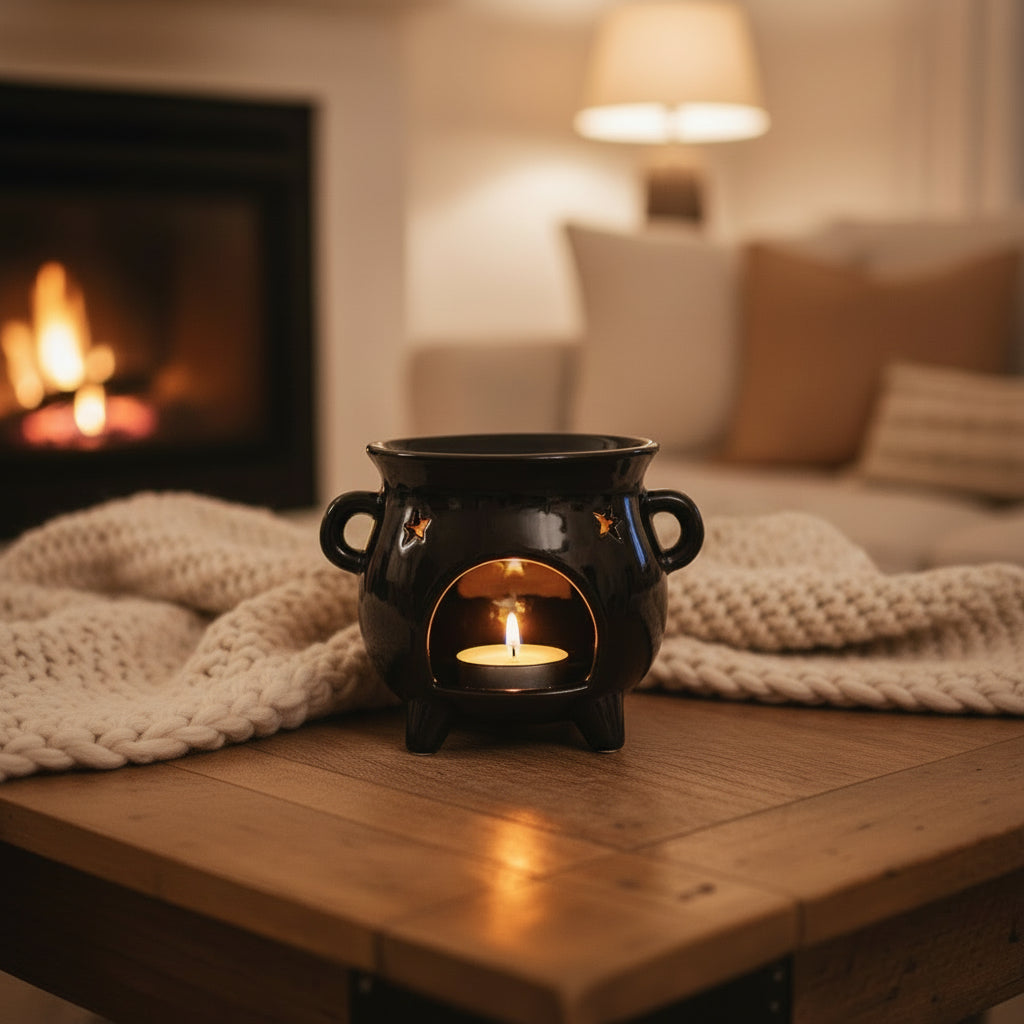 Black ceramic oil burner with a lit candle inside on a table in a home setting background.
