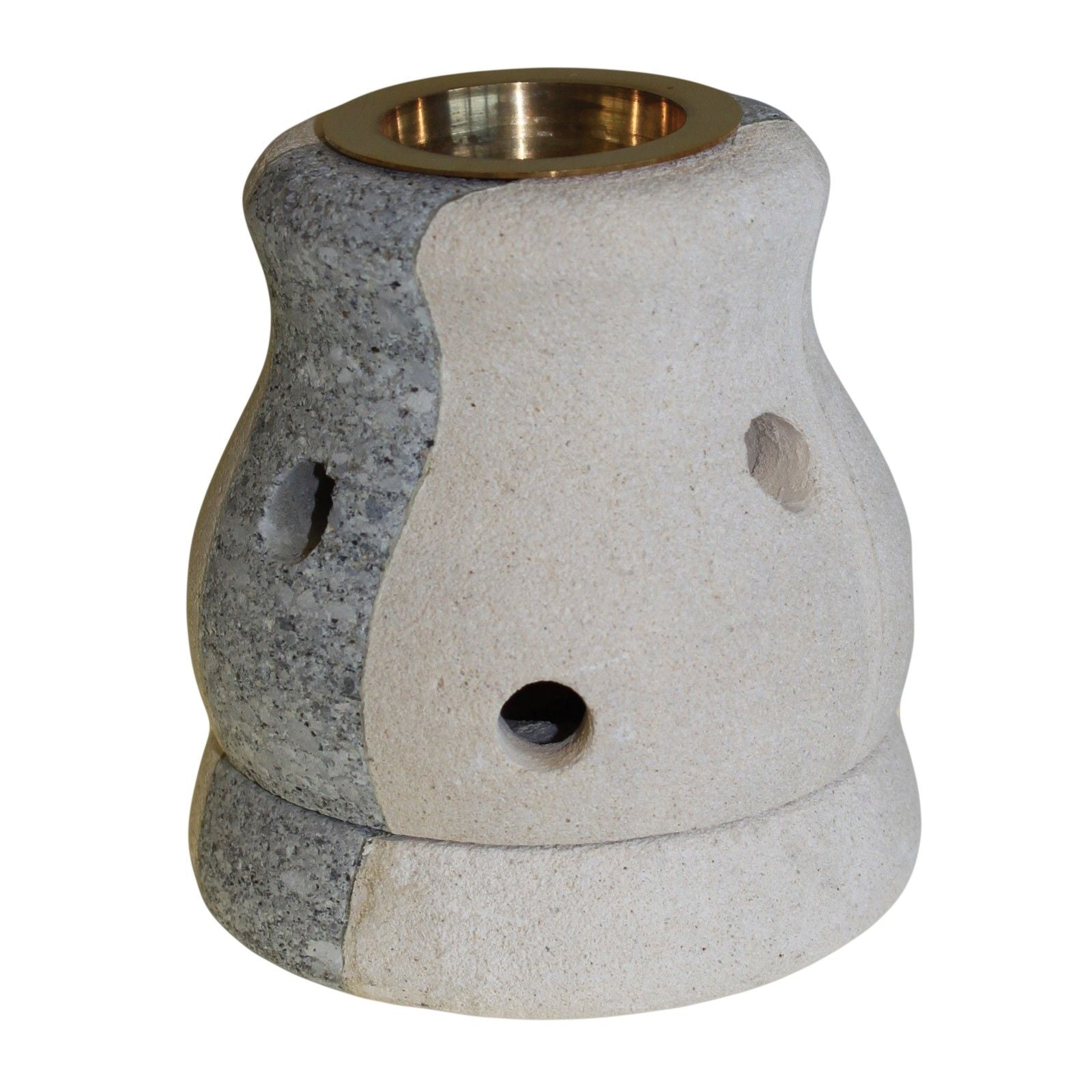 Two-tone stone oil burner with brass top on a white background