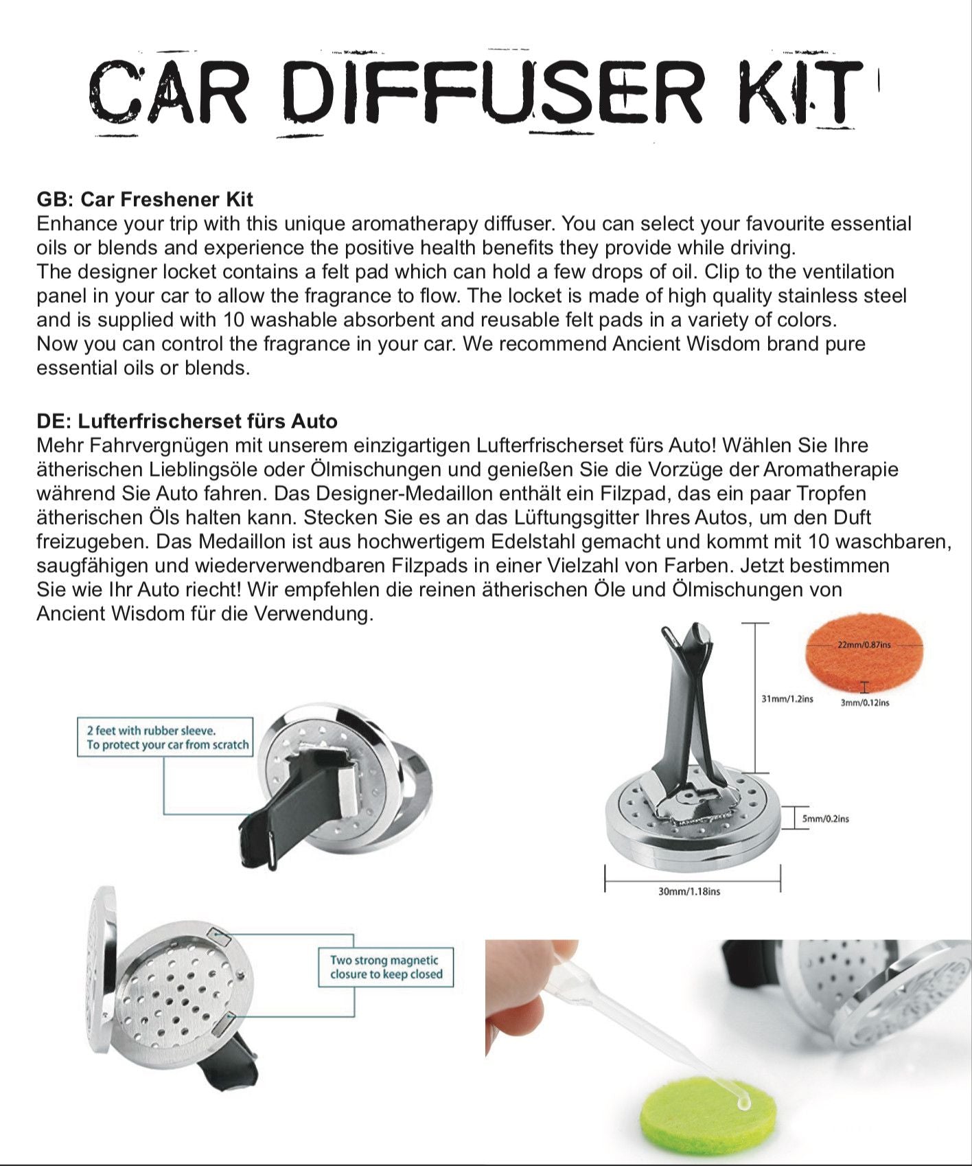 Car diffuser kit with packaging and usage instructions on a white background