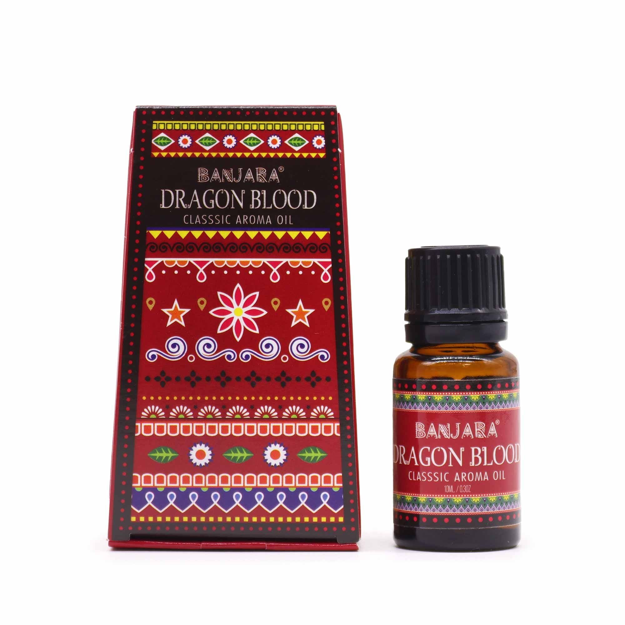 Banjara Dragon Blood aroma oil bottle and packaging on a white background
