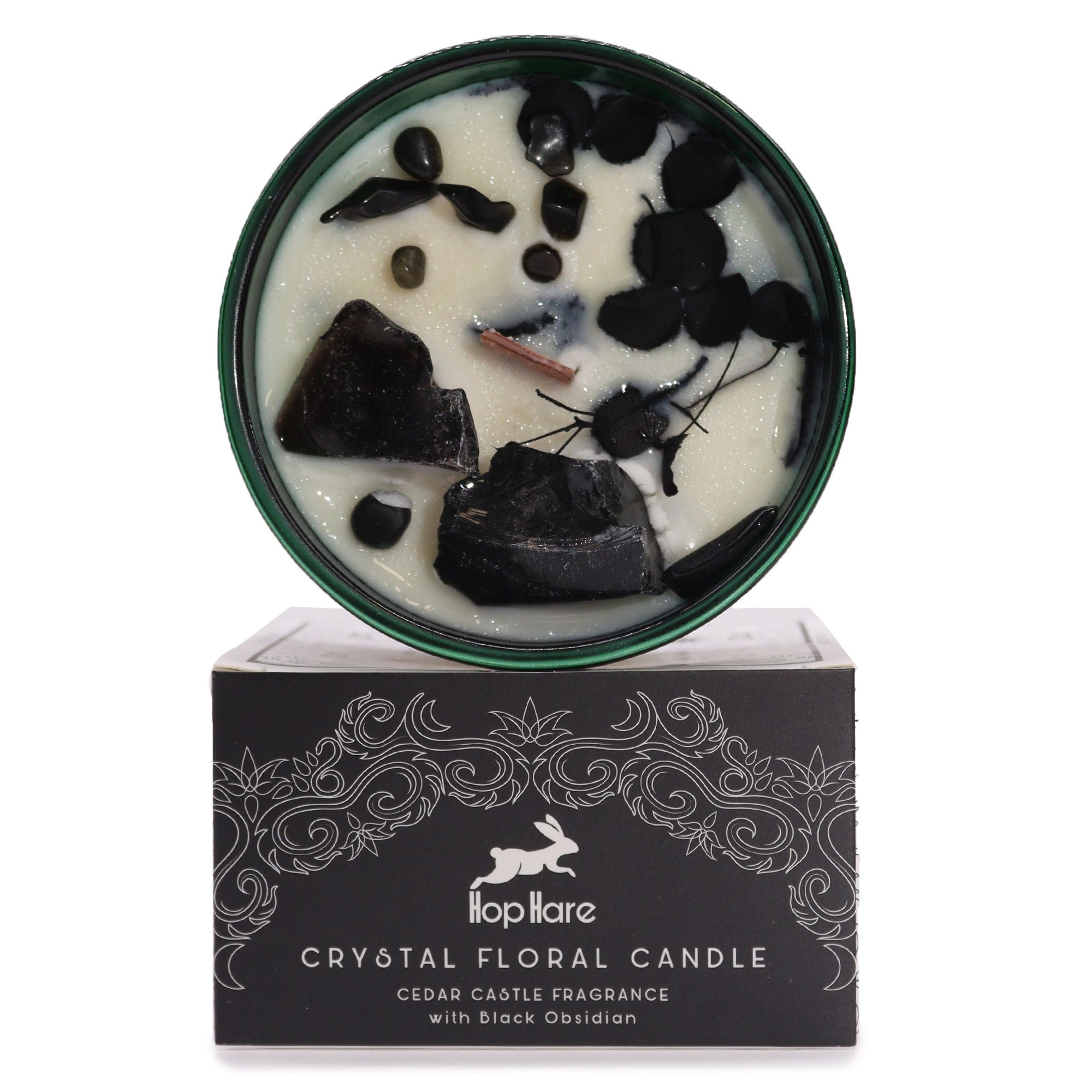 Hop Hare Knight of Swords crystal magic candle with black obsidian