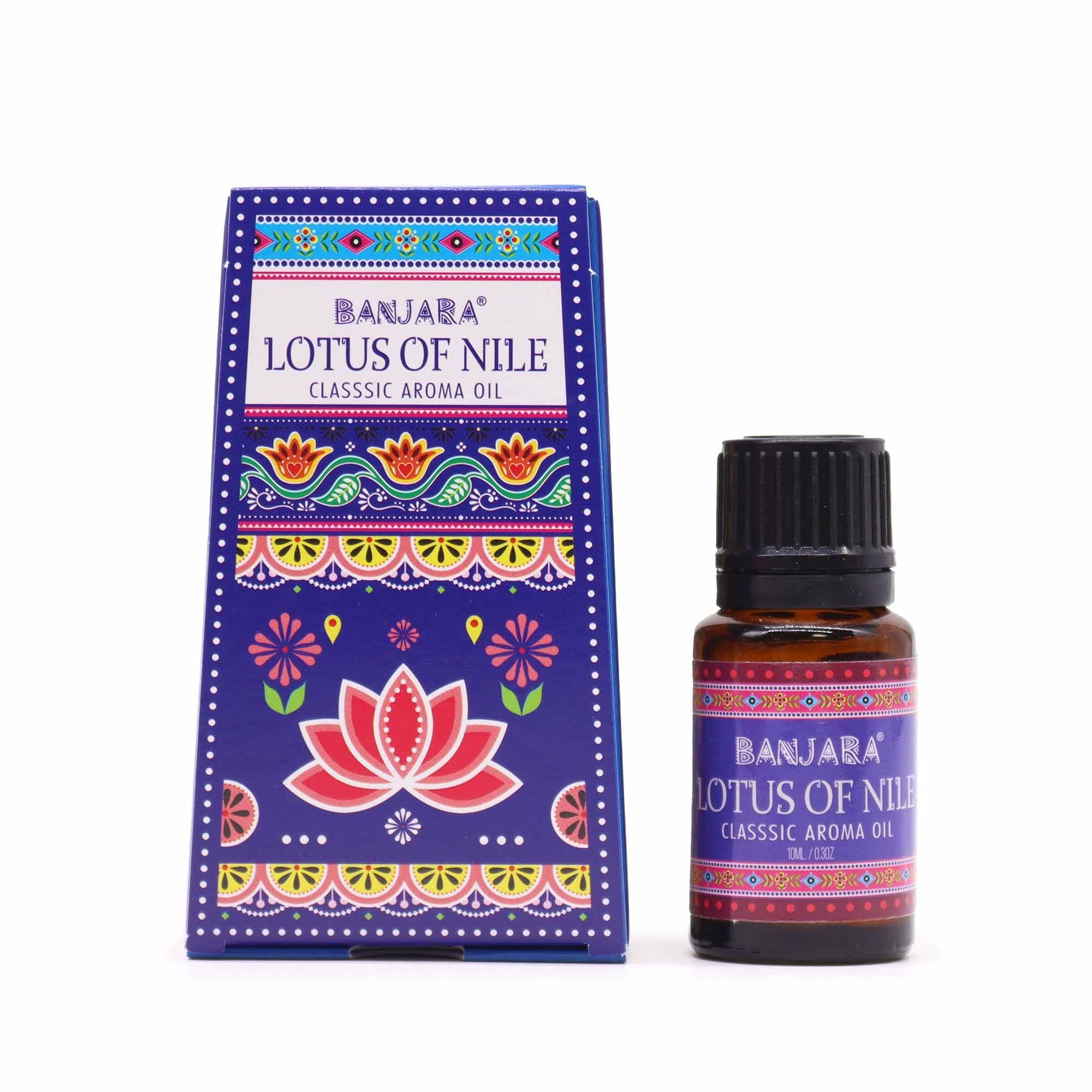 Banjara Lotus of Nile aroma oil packaging with bottle on a white background