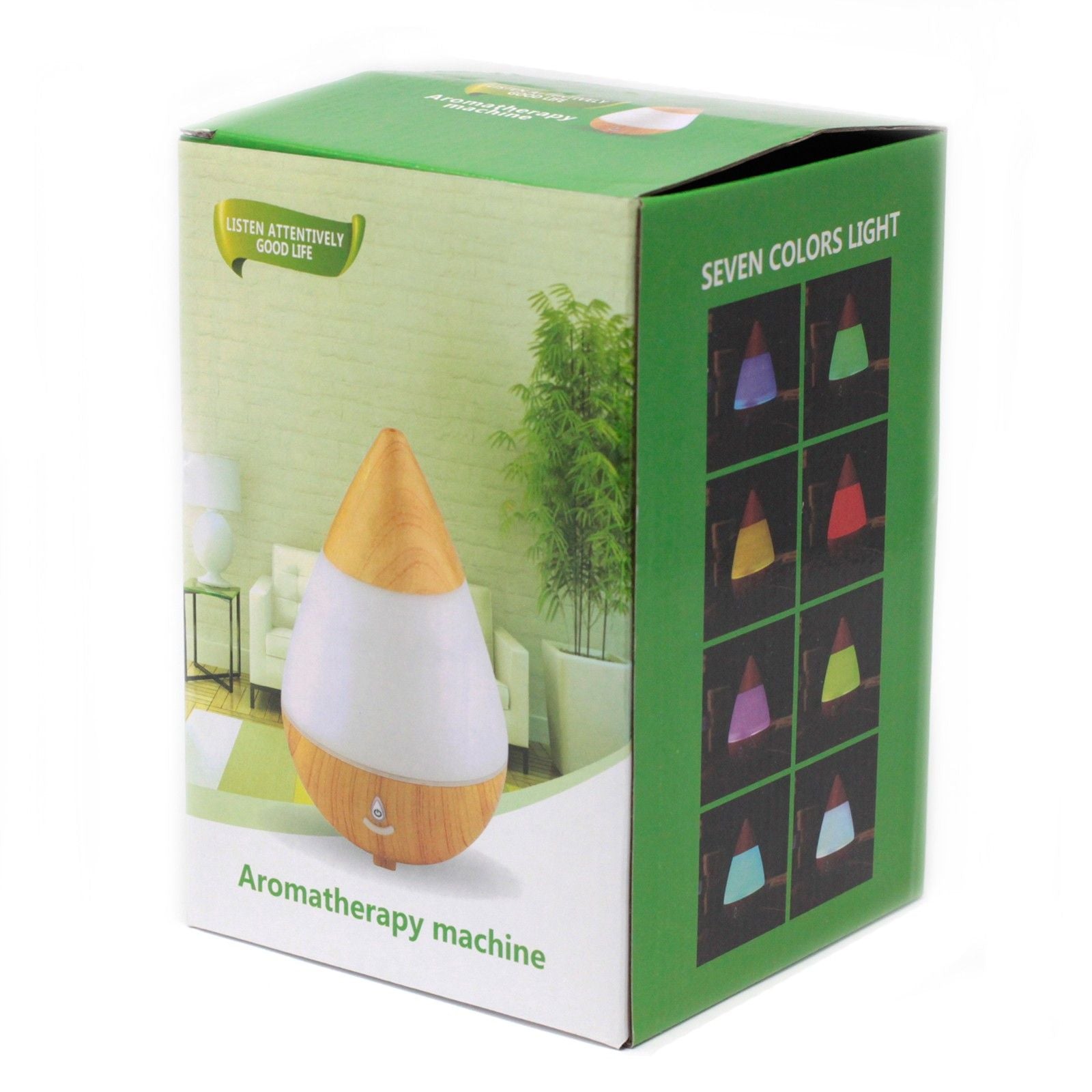 Aromatherapy machine packaging with a green background and images of the product and color options.