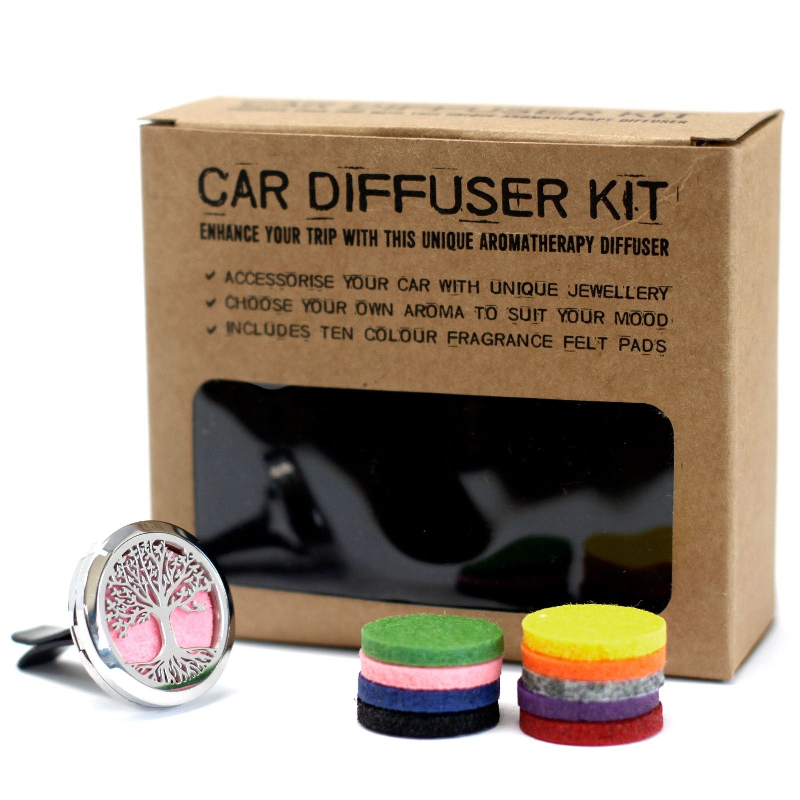 Car diffuser kit packaging showing contents"