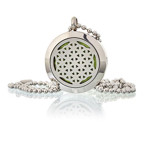 Silver Flower of Life fragrance diffuser necklace pendant with 25mm stainless steel locket