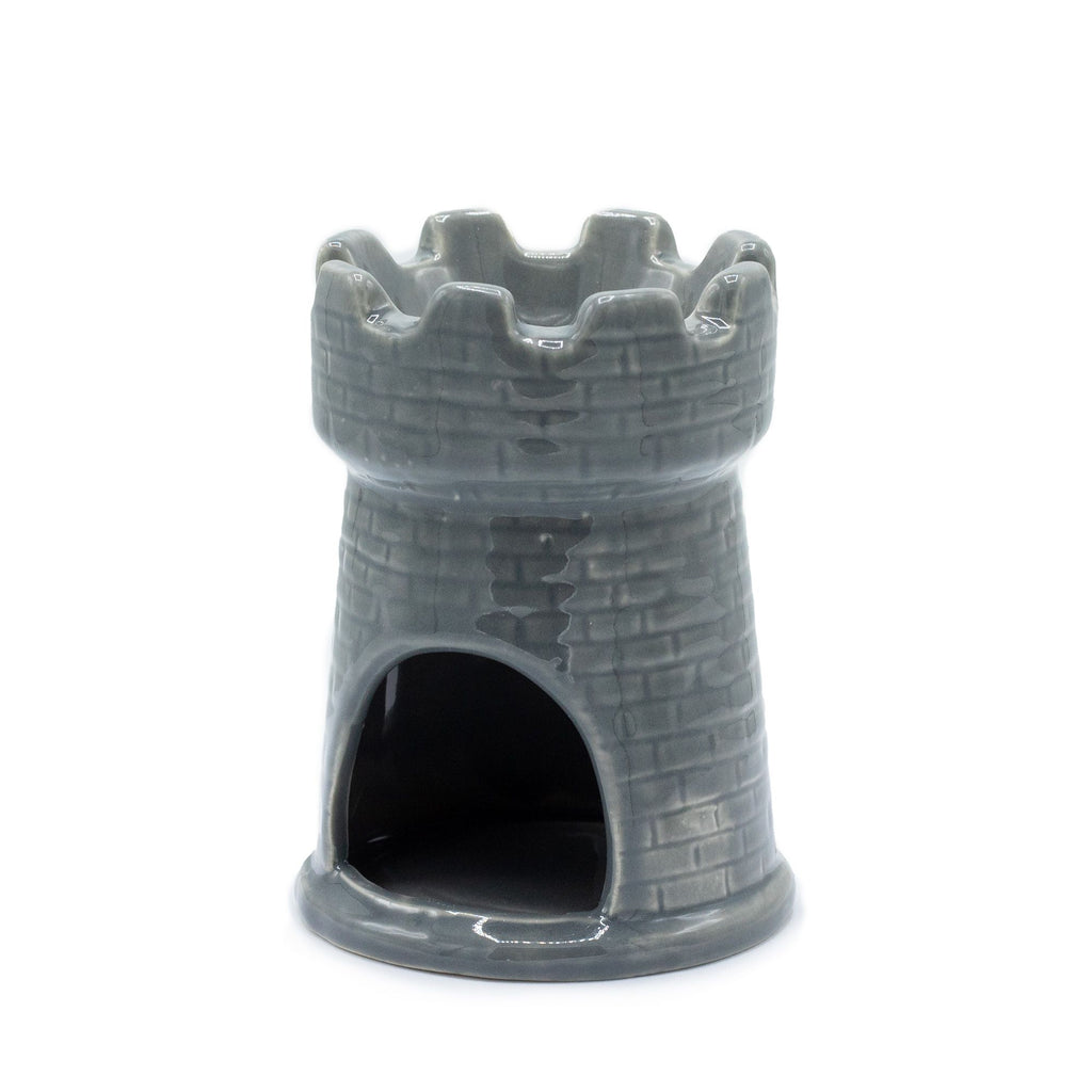 Front view Gray ceramic castle-shaped object on a white background