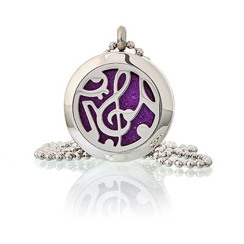 Silver pendant with a purple symbol on a white background