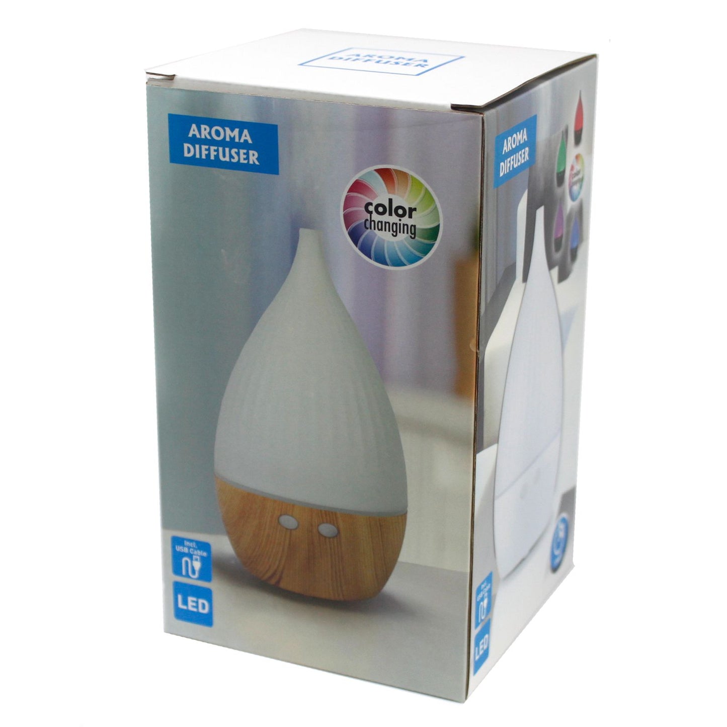 Aroma diffuser packaging with color-changing feature and LED indicator on a white background