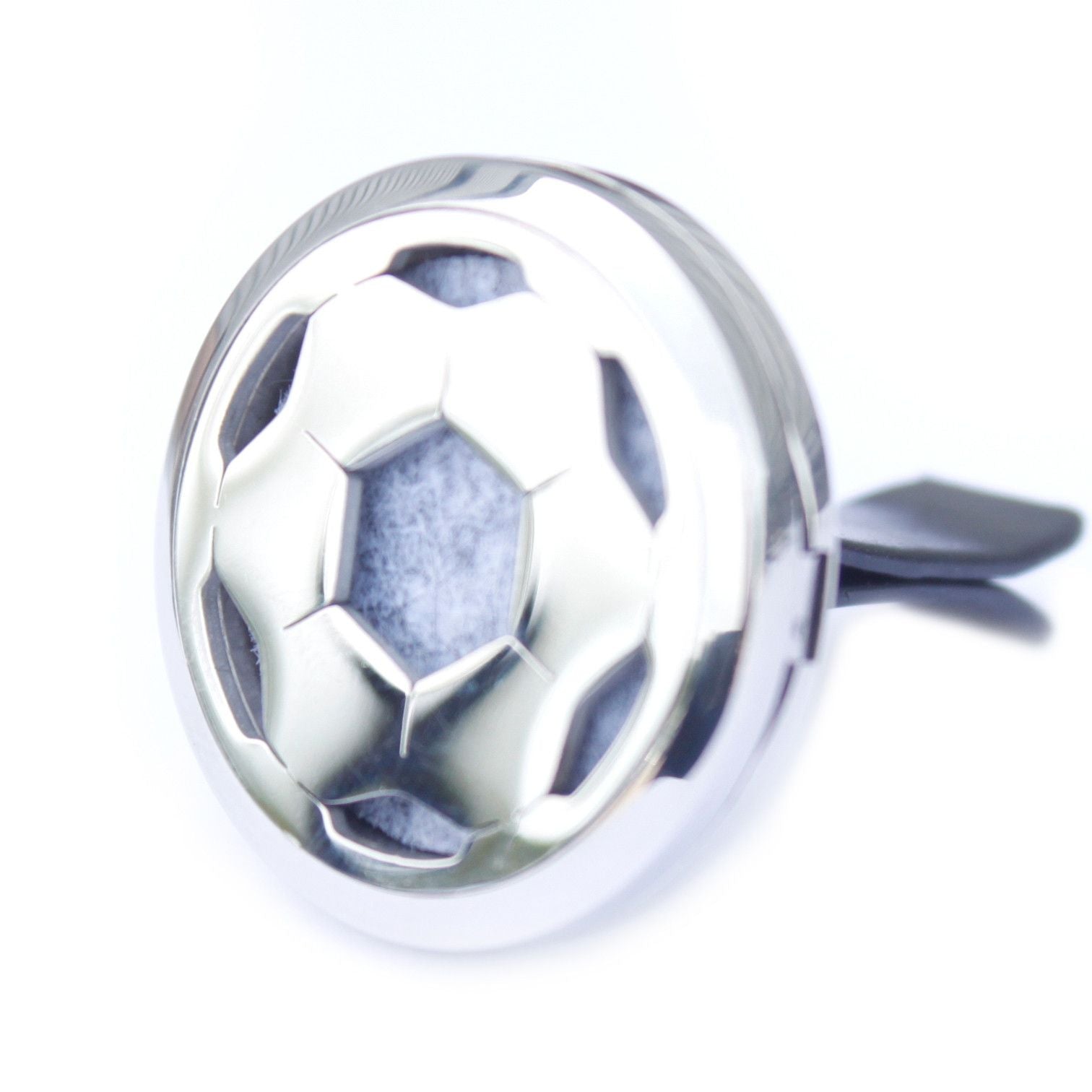 Silver soccer ball-shaped object on a white background