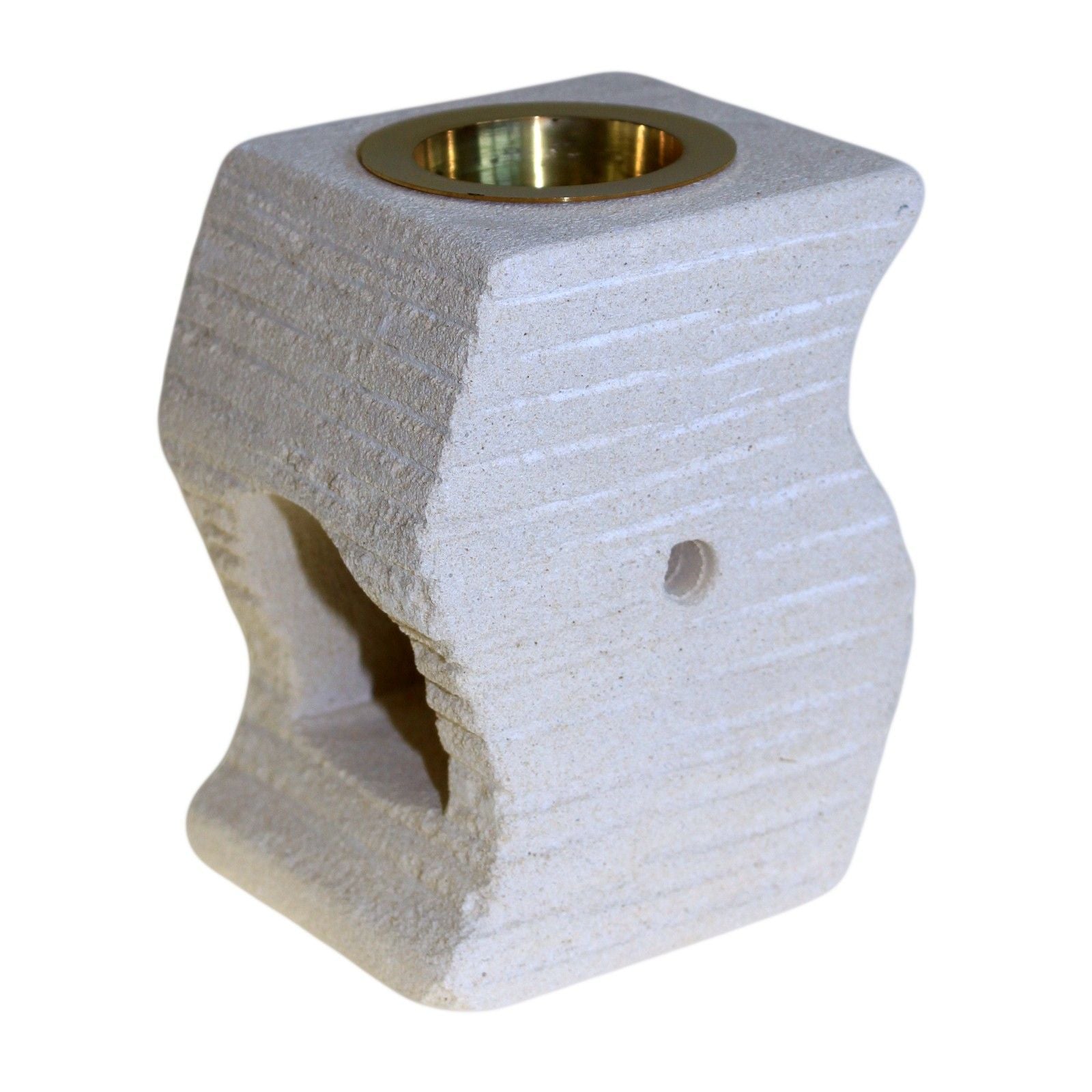 Ceramic incense burner with a gold interior on a white background