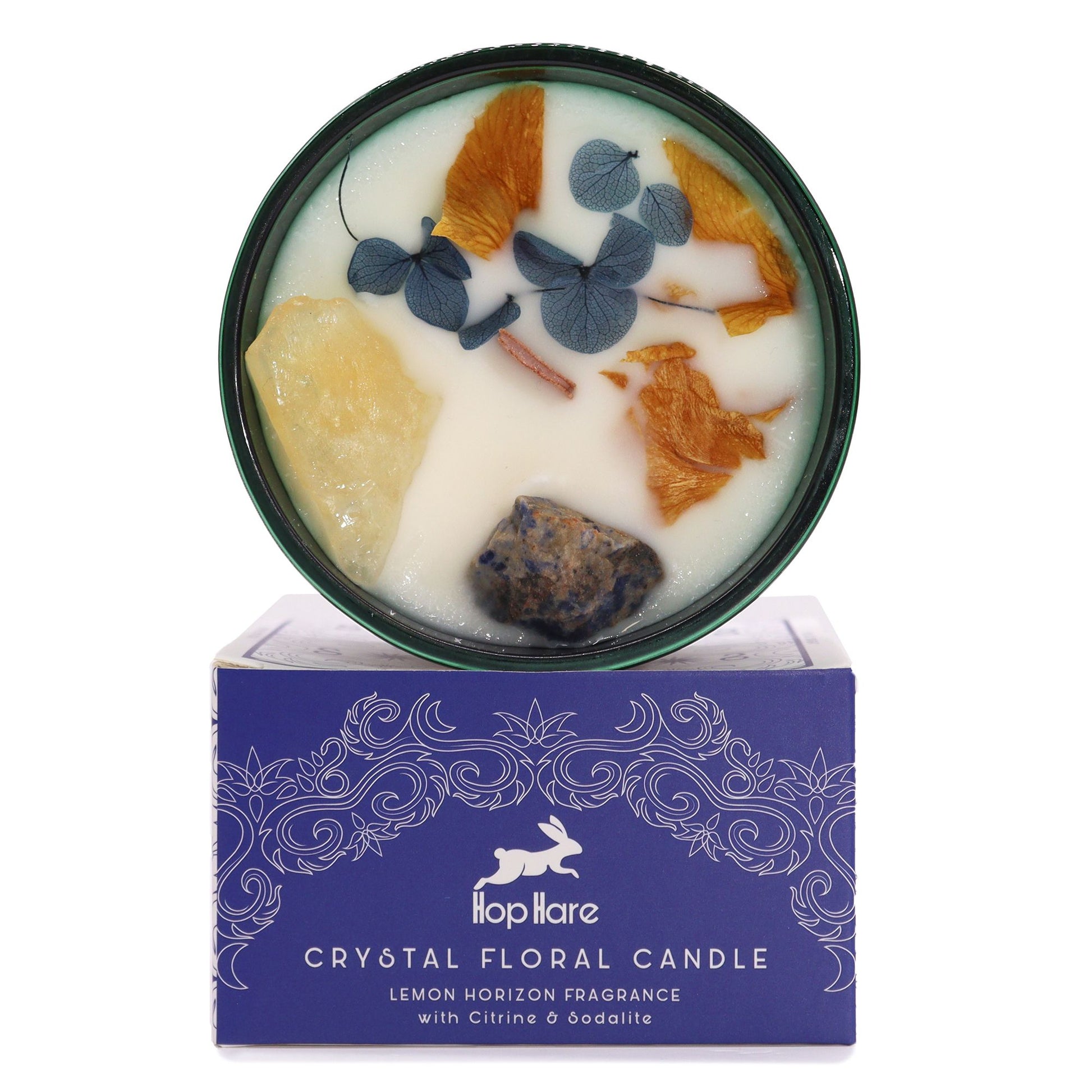 Hop Hare The Sun crystal magic flower candle with Citrine and Sodalite