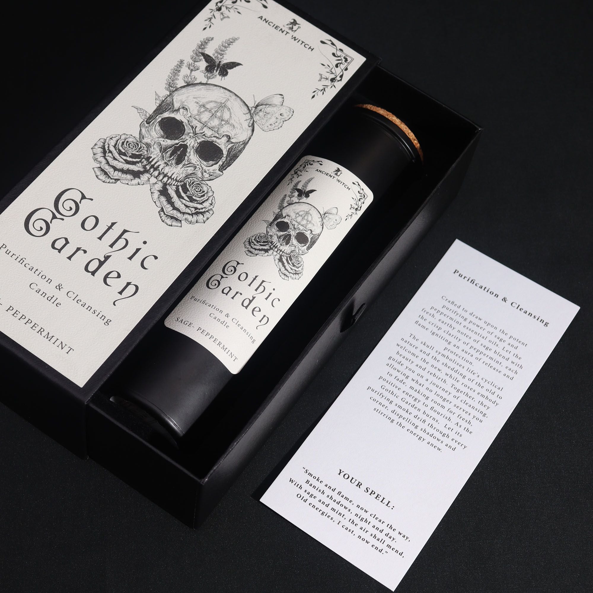 Gothic Garden candle packaging with skull design on a black background