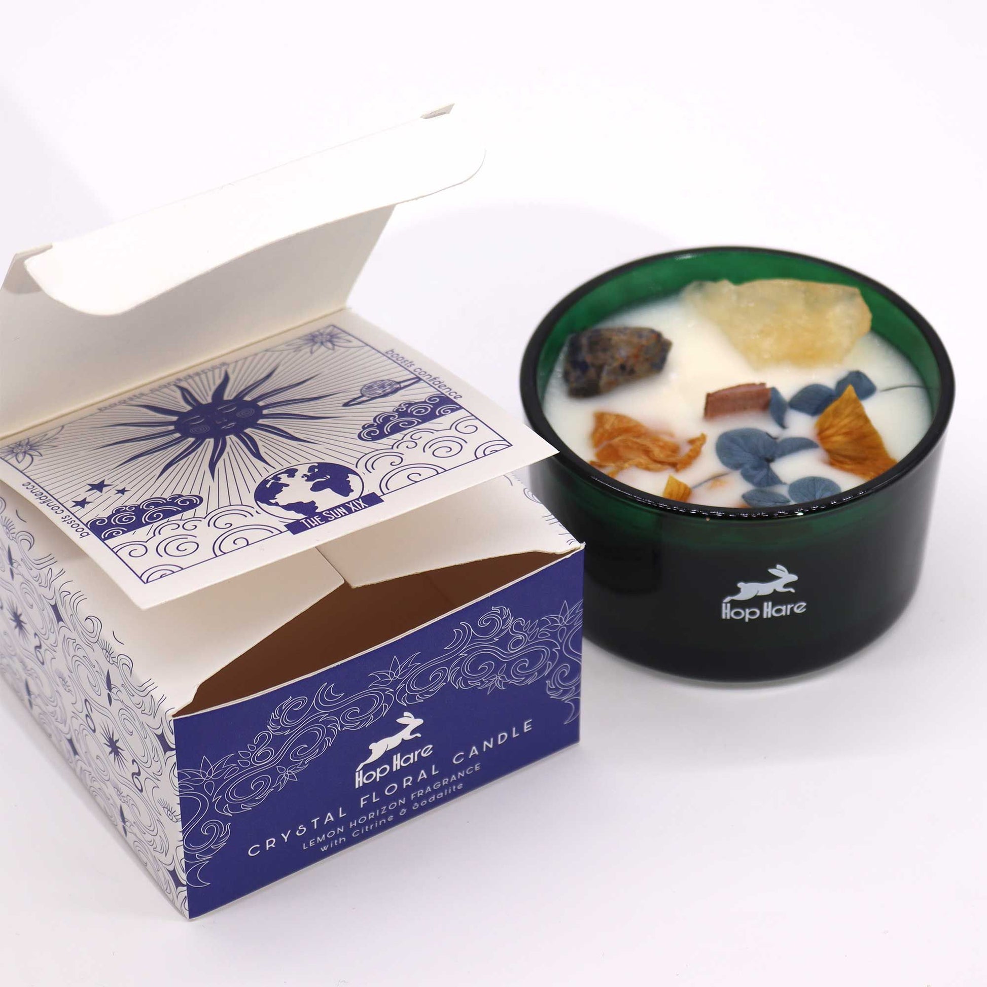 Crystal candle with dried flowers and genuine gemstones lemon scent