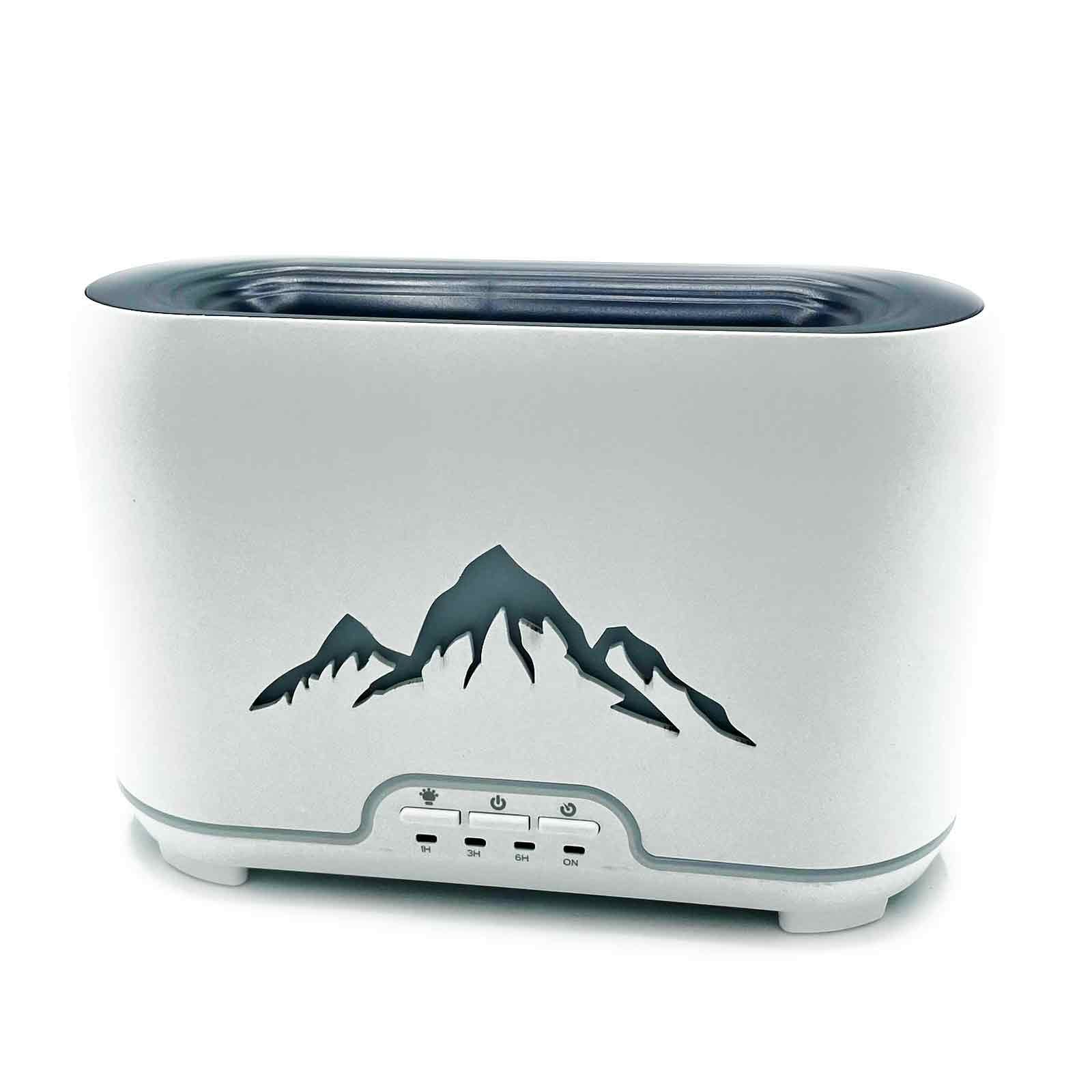 White electronic aroma diffuser with mountain design on a white background