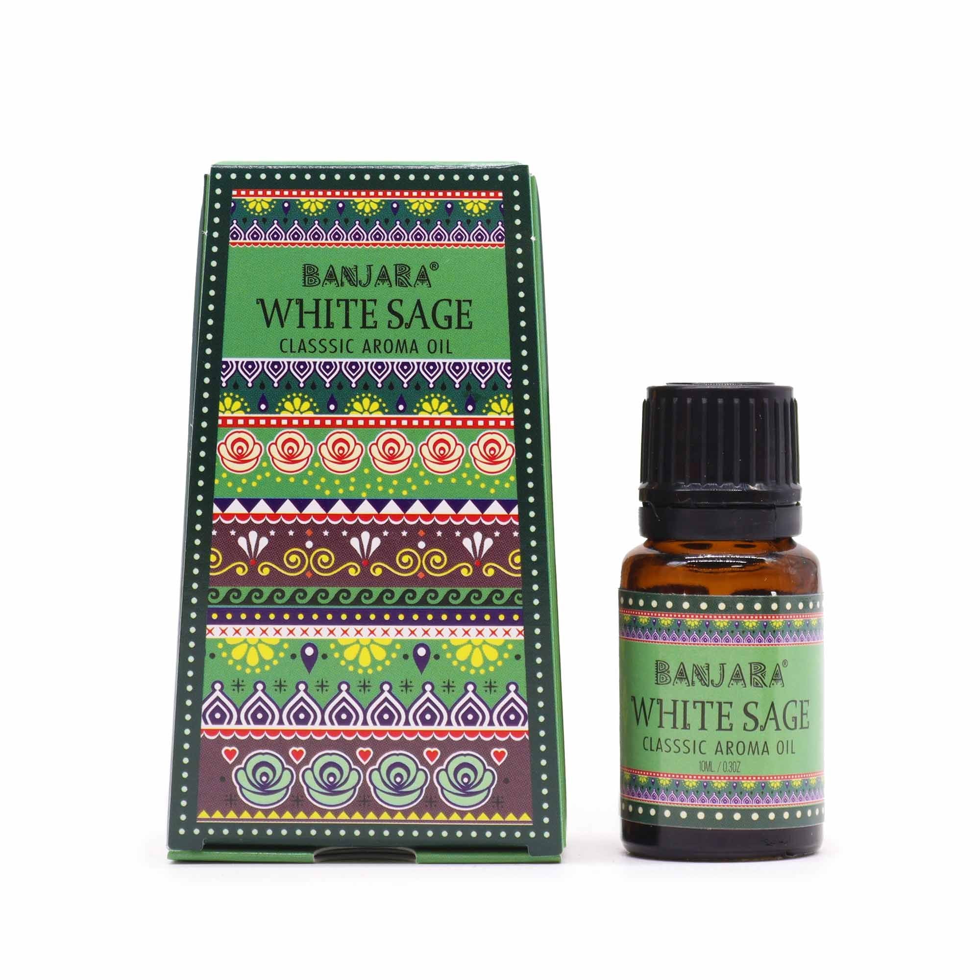 Banjara White Sage aroma oil bottle and packaging on a white background