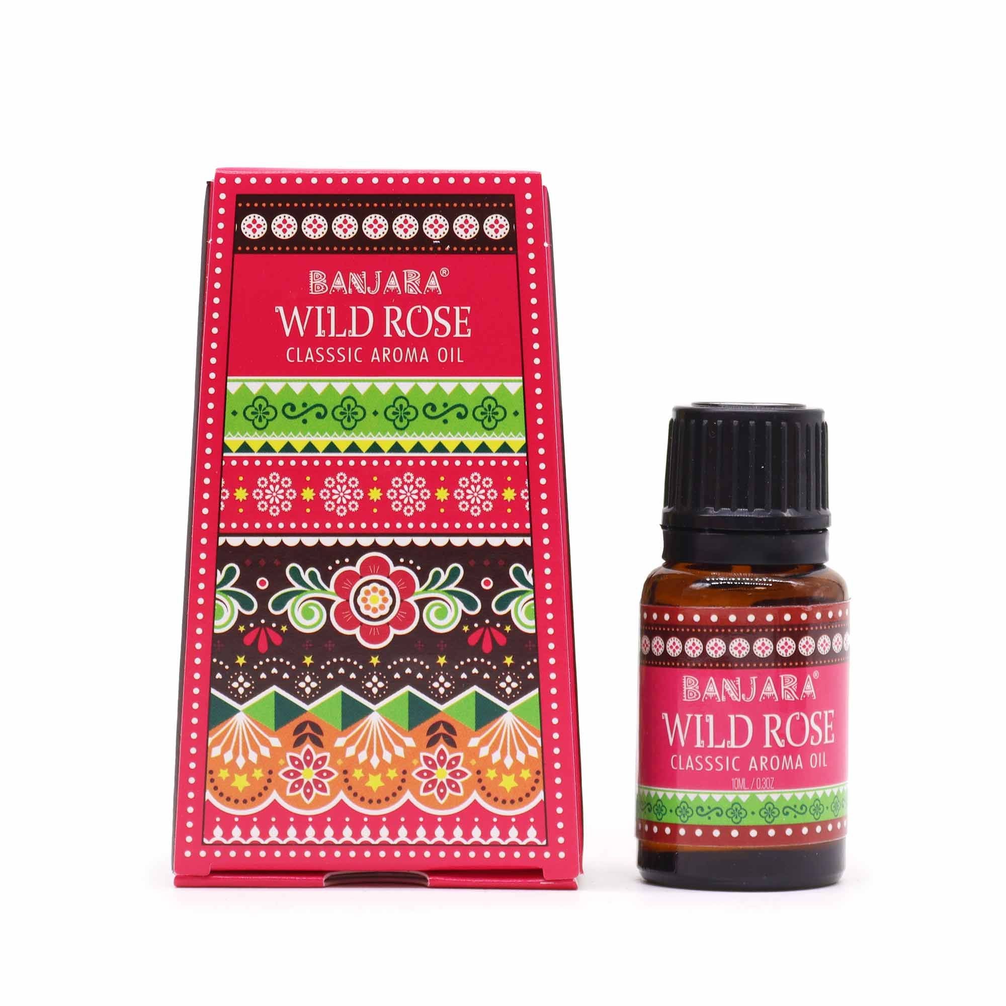 Bajura Wild Rose aroma oil bottle and packaging on a white background
