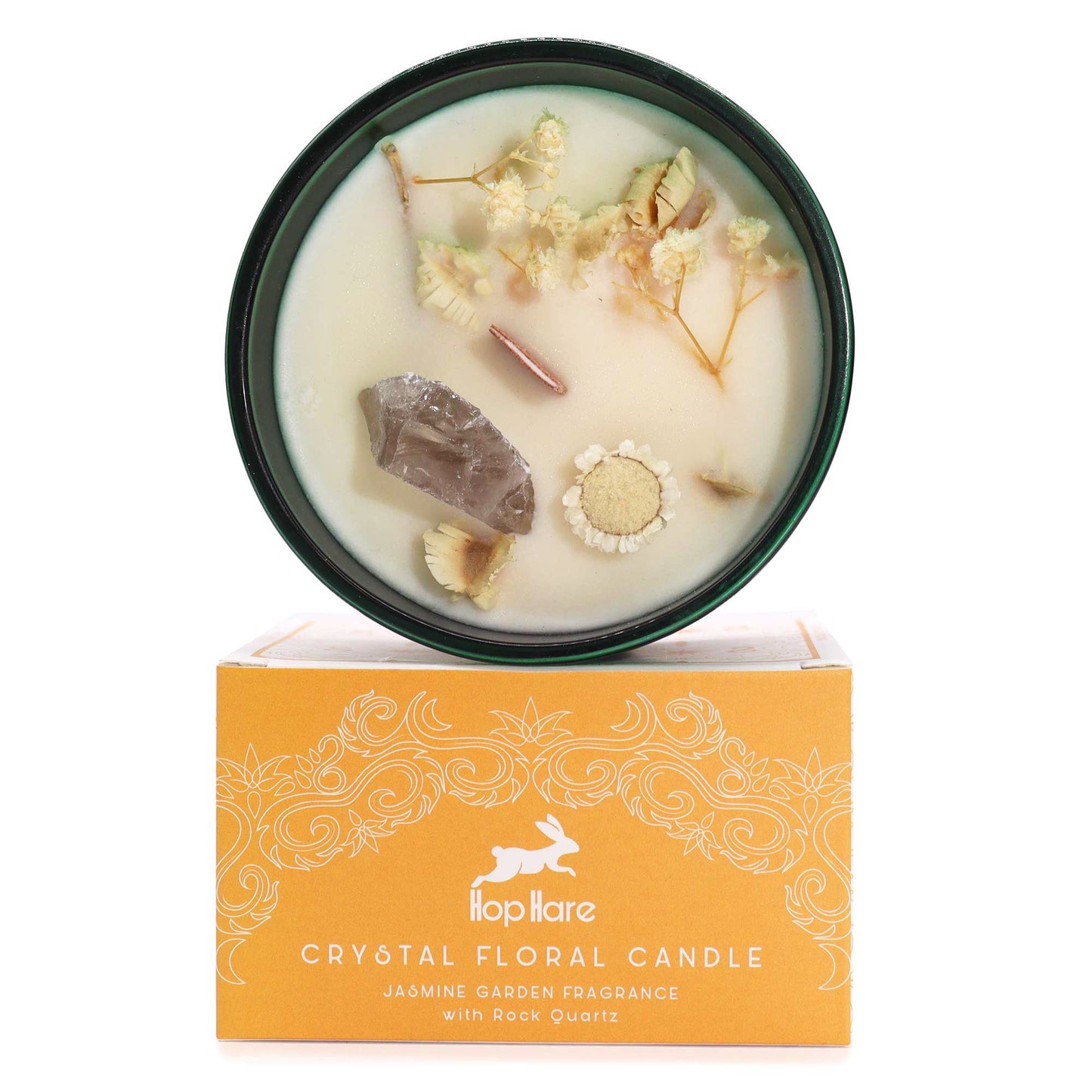 Hop Hare The Lion crystal magic flower candle with rock quartz