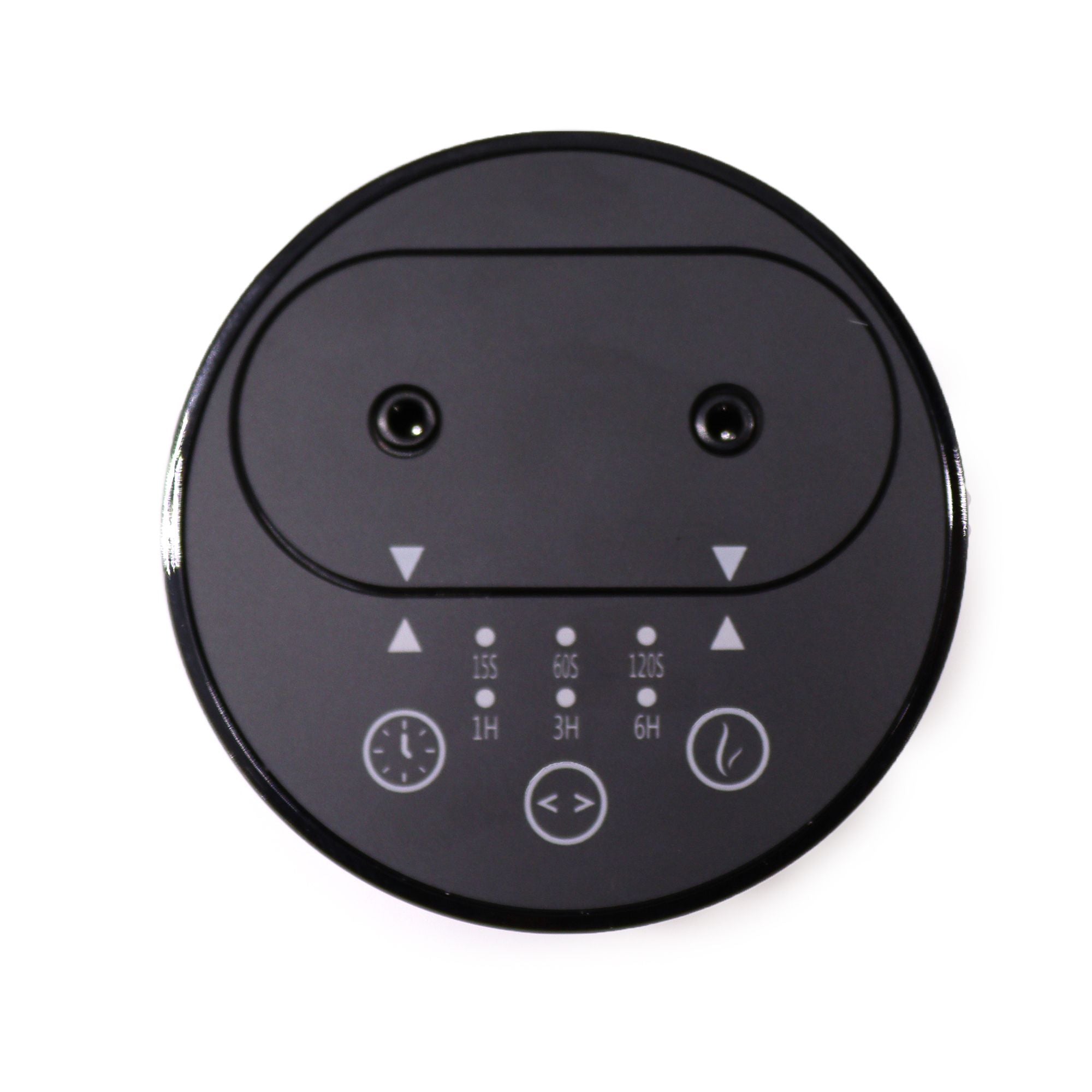 Black circular control panel with white icons on a white background