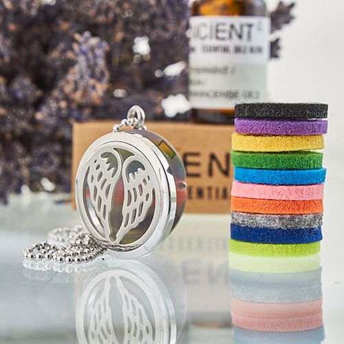 Angel wings locket necklace with 10 coloured refill pads and essential oil