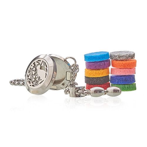 Silver aromatherapy diffuser bracelet with colorful felt replacements on a white background