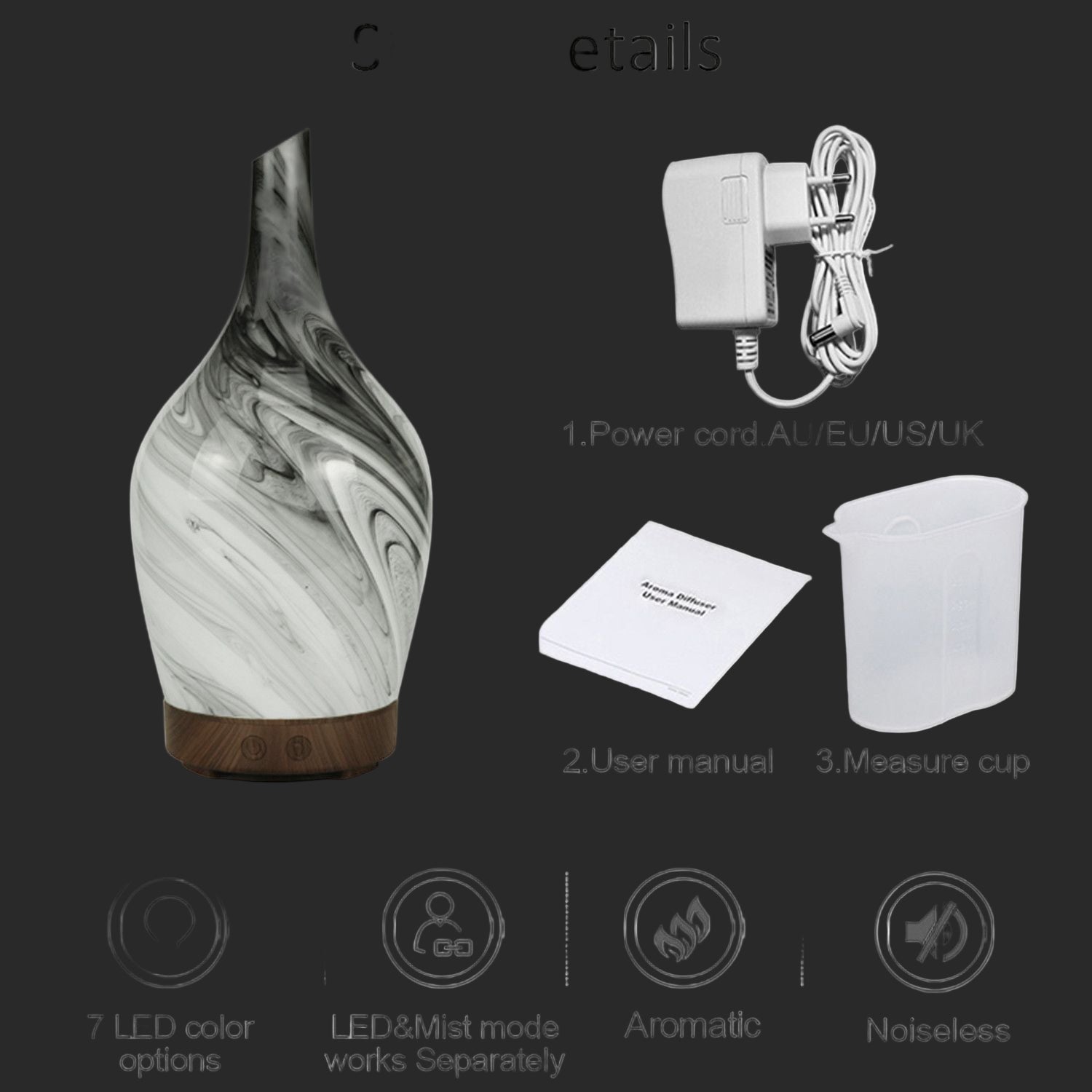 Marble-patterned diffuser with power cord, user manual, and measure cup on a grey background