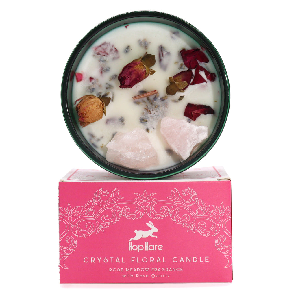 Hop Hare The Lovers crystal magic candle with rose quartz and dried rose petals