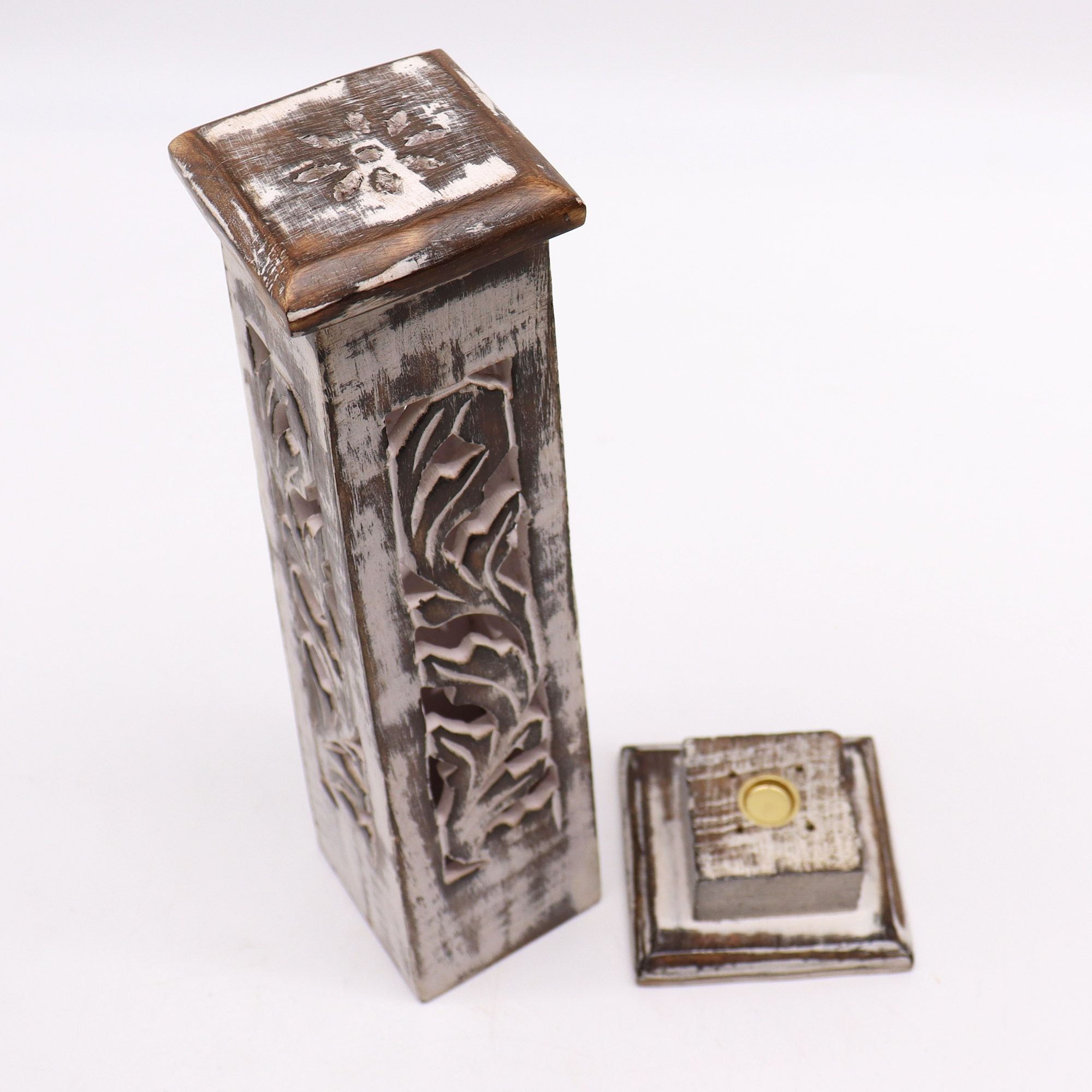Decorative wooden box incense stick / cone holder with intricate carvings on a white background