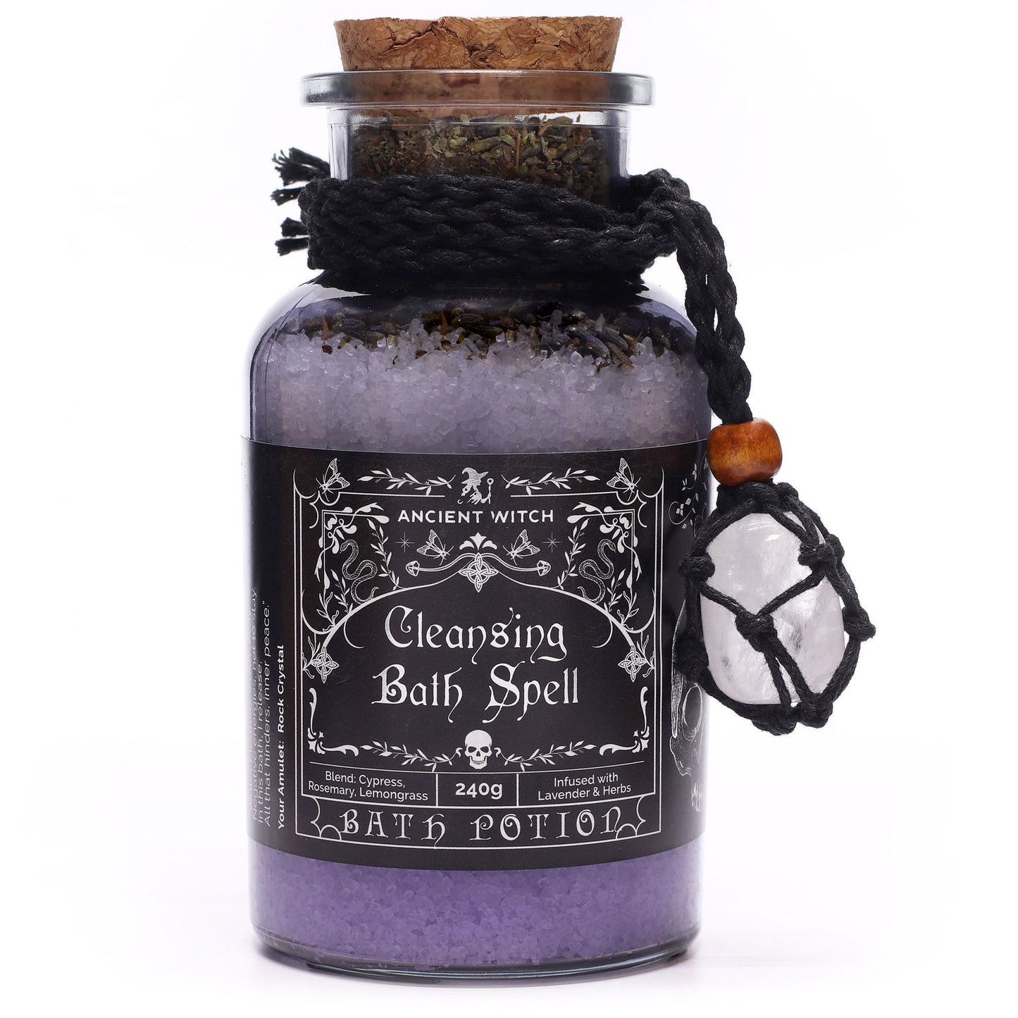 Glass jar labeled 'Cleansing Bath Spell' with a black label and decorative elements on a white background