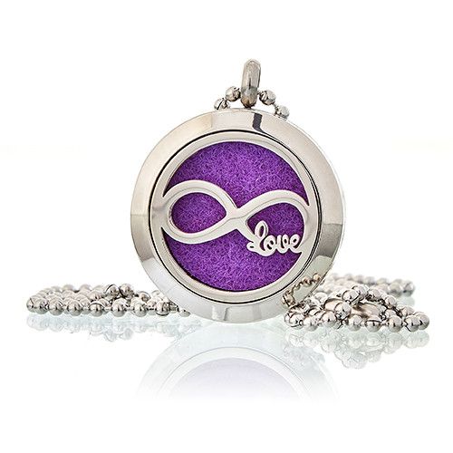 Necklace with a purple pendant featuring an infinity symbol and the word 'love', on a white background.
