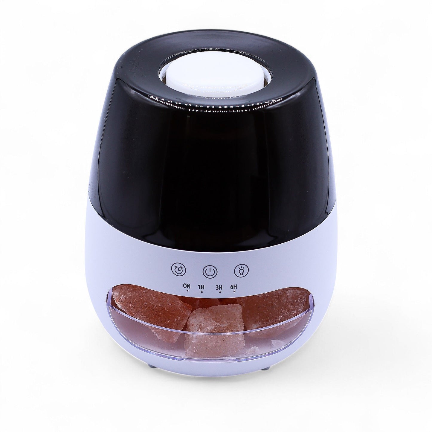 Black and white salt lamp with pink Himalayan salt on a white background