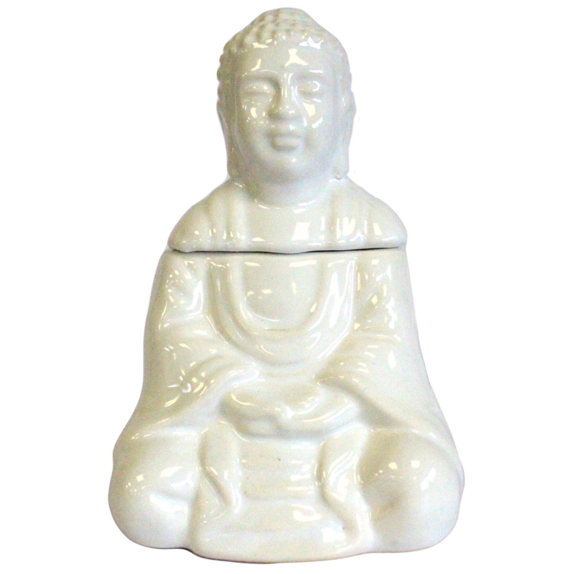 White ceramic Buddha statue with a lid on a white background