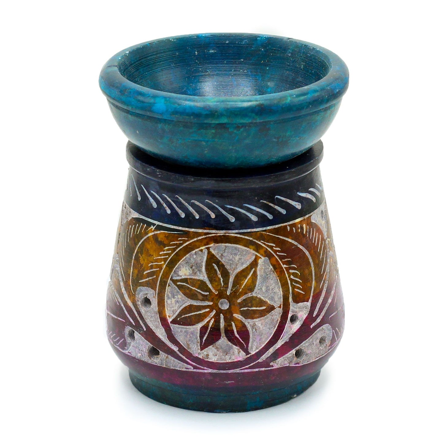 Ceramic oil burner with blue top and decorative base on a white background