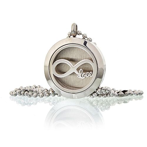 Silver locket with 'infinity love' design on a white background