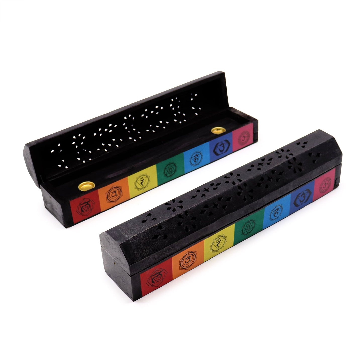 Two black chakra incense burners with colorful symbols on a white background