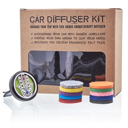 Car diffuser kit with packaging, diffuser, and fragrance pads on a white background