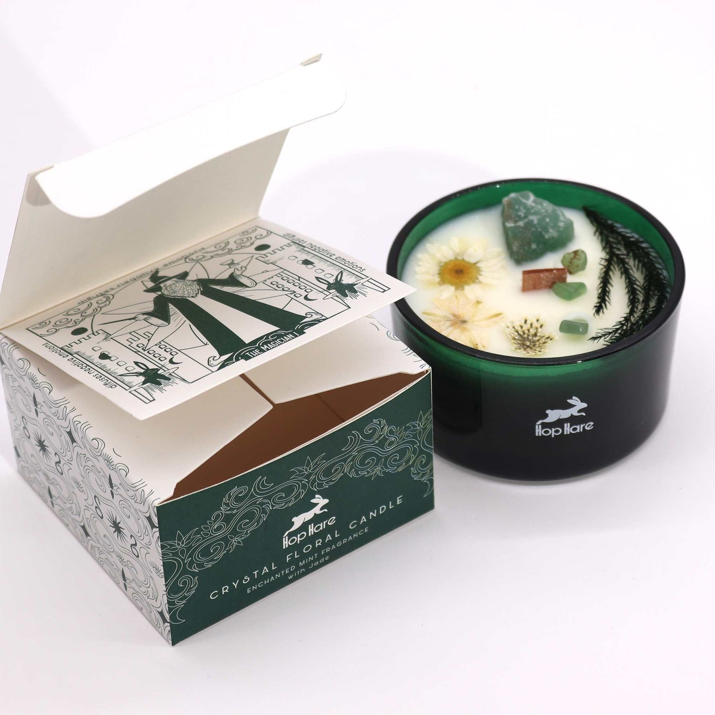 Crystal candle with genuine Jade and dried flowers Enchanted Mint scent