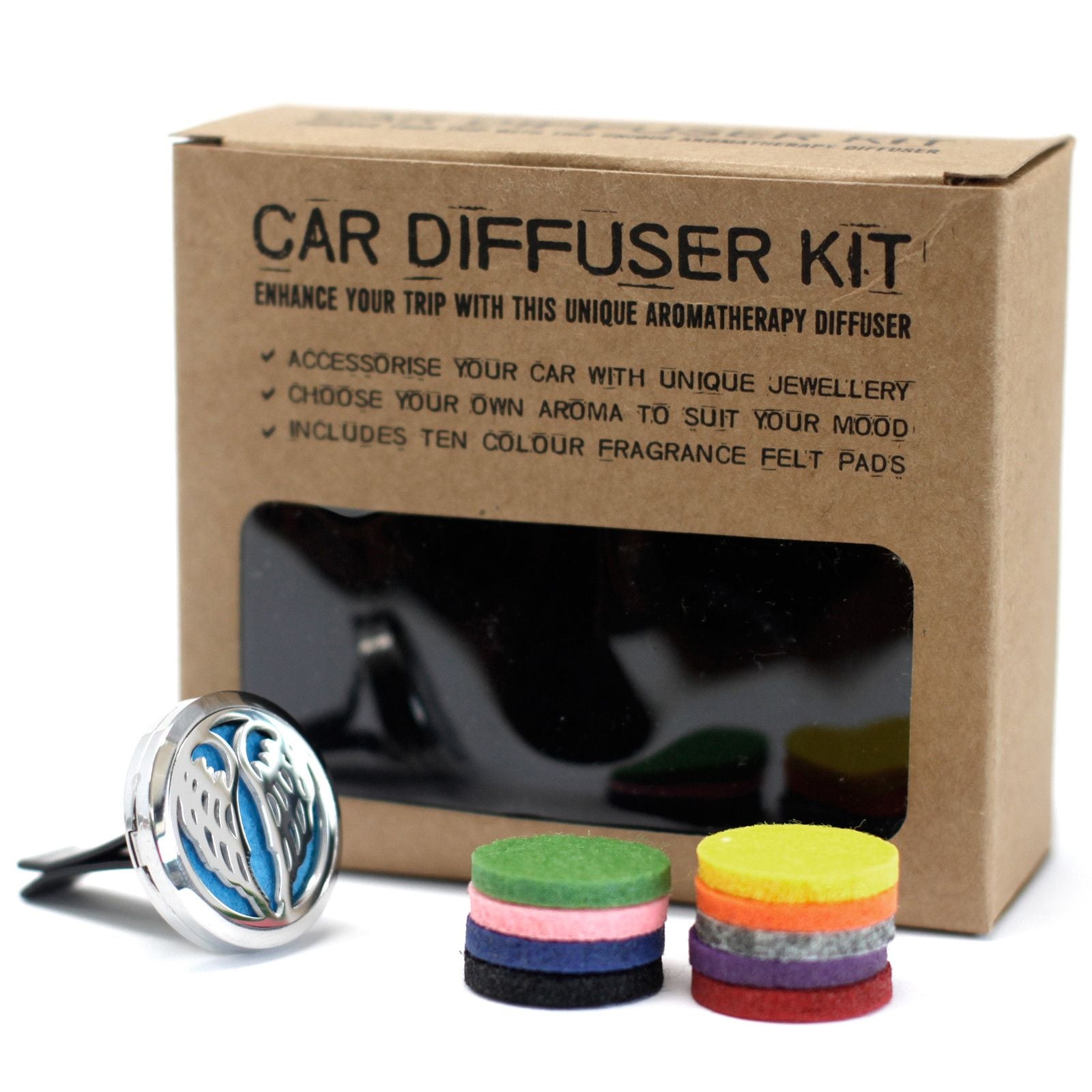 Car diffuser kit with packaging and colorful fragrance felt pads on a white background