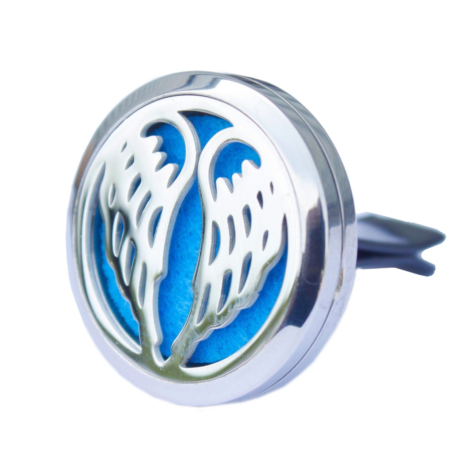 Decorative car air freshener with blue center and silver wings on a white background
