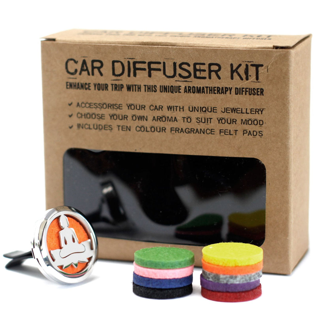 Car diffuser kit with packaging and colorful fragrance felt pads on a white background