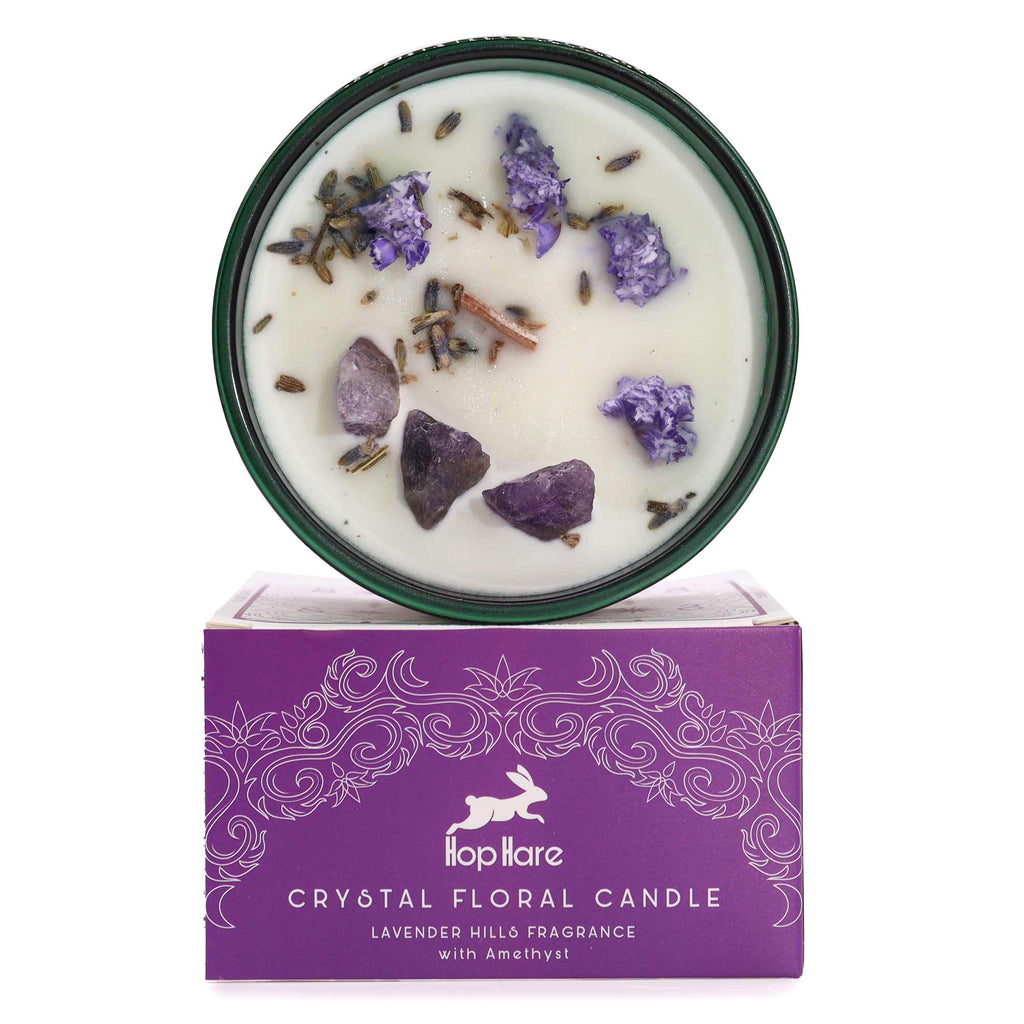Hop Hare The Moon crystal magic candle with amethyst and lavender flowers
