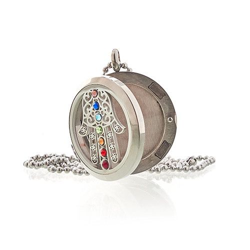 Hamsa chakra aromatherapy necklace close-up design
